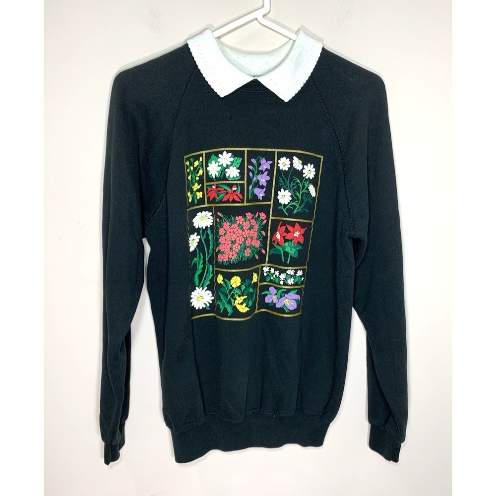 Hanes Collar Sweatshirt Large Black Flowersβ Puffy Paint Grandma Vintage USAmade